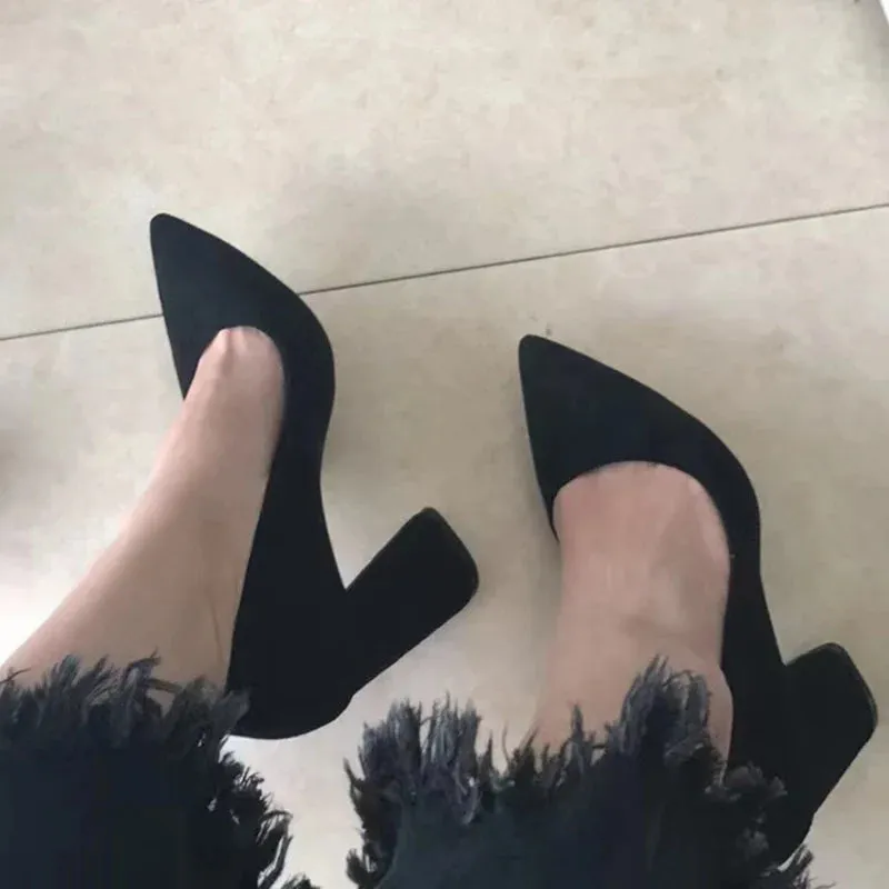 Summer Women 8.5cm High Heels Pumps Elegant Sweet Lady Wedding Block Square Middle Heels Flock Suede Nightclub Shoes