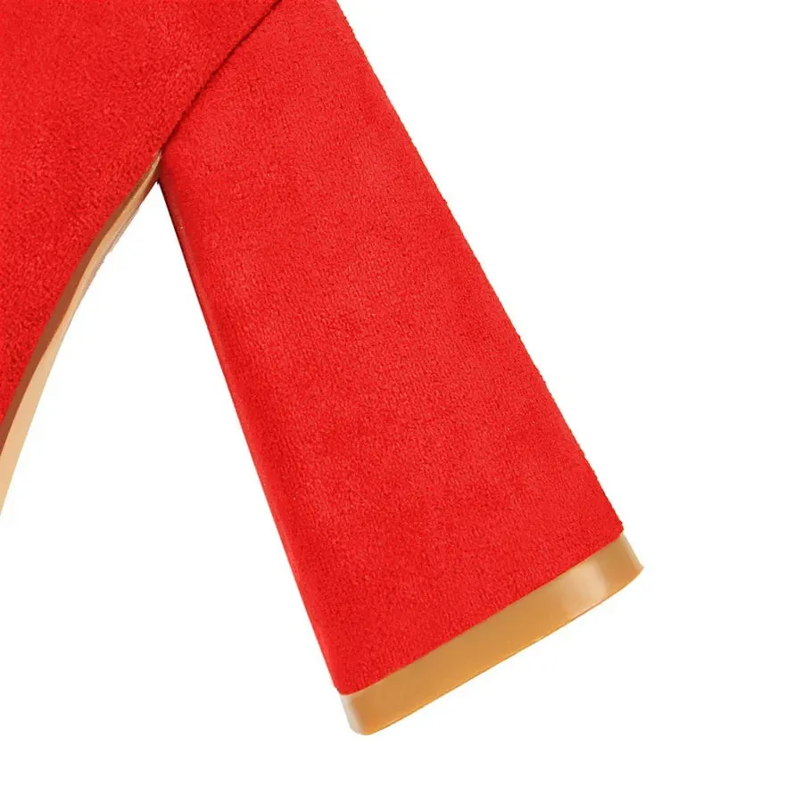 Summer Women 8.5cm High Heels Pumps Elegant Sweet Lady Wedding Block Square Middle Heels Flock Suede Nightclub Shoes