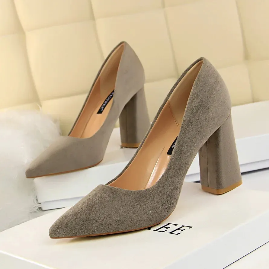 Summer Women 8.5cm High Heels Pumps Elegant Sweet Lady Wedding Block Square Middle Heels Flock Suede Nightclub Shoes