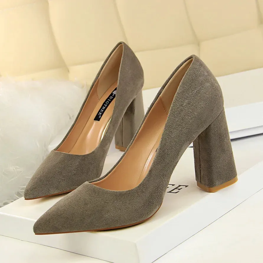 Summer Women 8.5cm High Heels Pumps Elegant Sweet Lady Wedding Block Square Middle Heels Flock Suede Nightclub Shoes