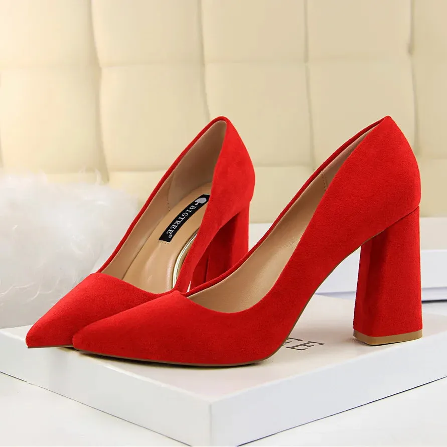 Summer Women 8.5cm High Heels Pumps Elegant Sweet Lady Wedding Block Square Middle Heels Flock Suede Nightclub Shoes