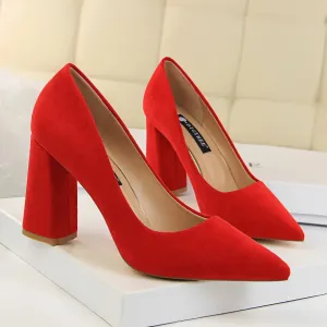 Summer Women 8.5cm High Heels Pumps Elegant Sweet Lady Wedding Block Square Middle Heels Flock Suede Nightclub Shoes