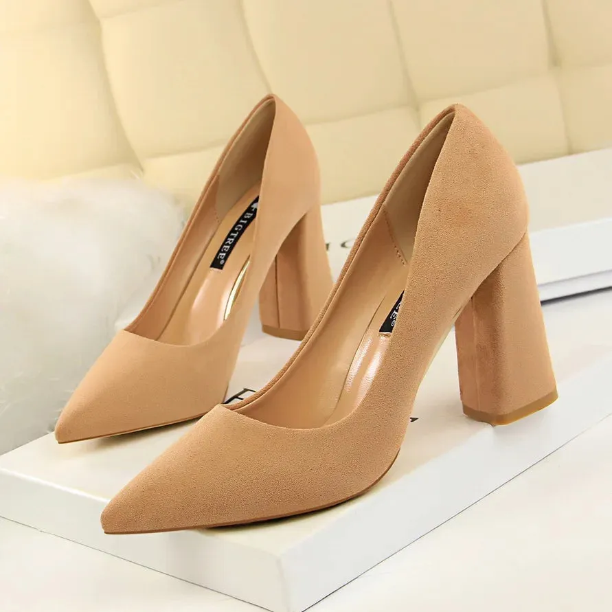 Summer Women 8.5cm High Heels Pumps Elegant Sweet Lady Wedding Block Square Middle Heels Flock Suede Nightclub Shoes