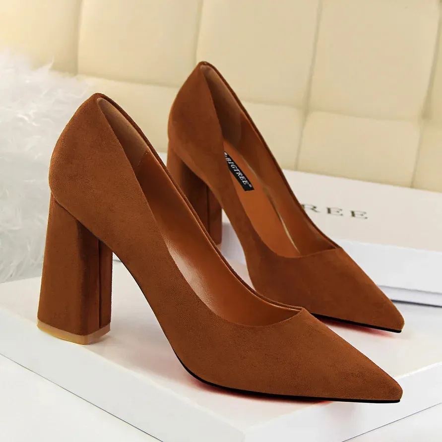 Summer Women 8.5cm High Heels Pumps Elegant Sweet Lady Wedding Block Square Middle Heels Flock Suede Nightclub Shoes