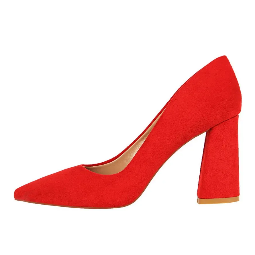 Summer Women 8.5cm High Heels Pumps Elegant Sweet Lady Wedding Block Square Middle Heels Flock Suede Nightclub Shoes