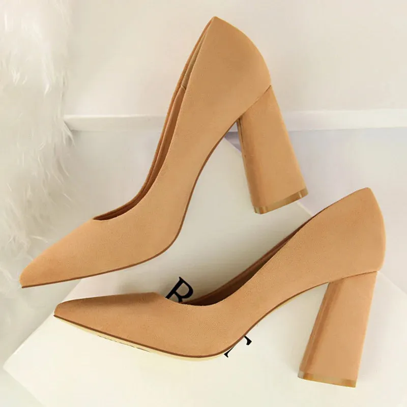 Summer Women 8.5cm High Heels Pumps Elegant Sweet Lady Wedding Block Square Middle Heels Flock Suede Nightclub Shoes