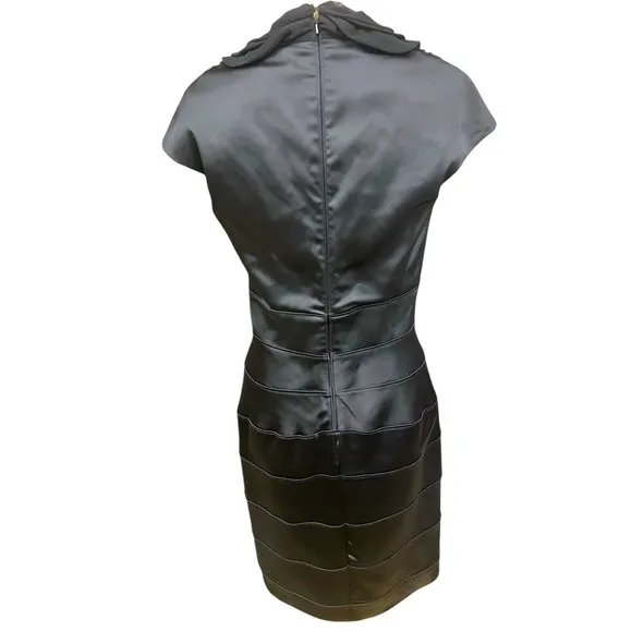 Tadashi Shoji black satin and ruffle fitted back zip elegant formal dress size 8