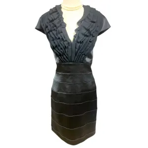 Tadashi Shoji black satin and ruffle fitted back zip elegant formal dress size 8