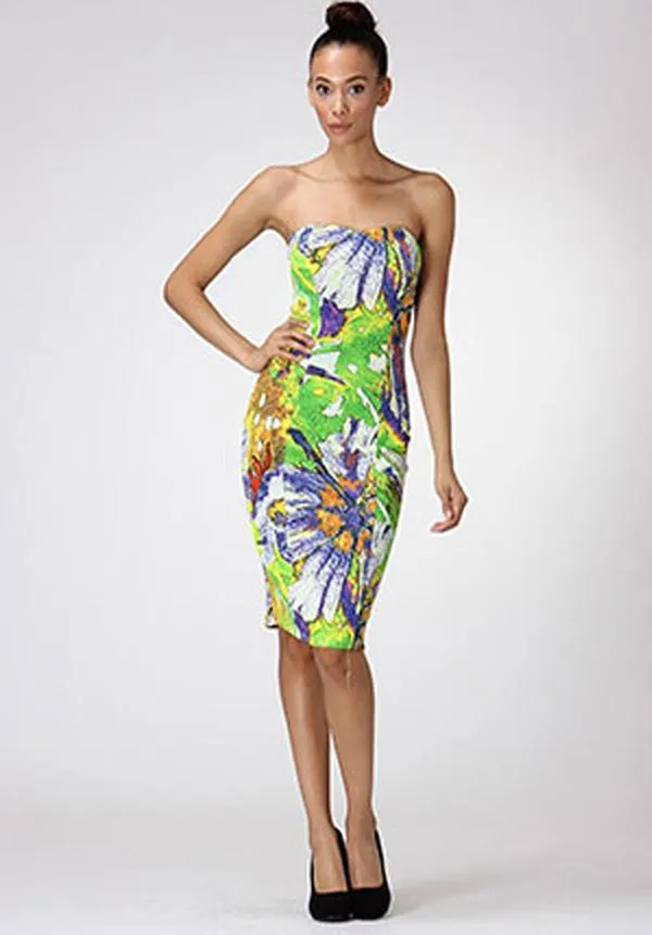 Textured Floral Strapless Dress
