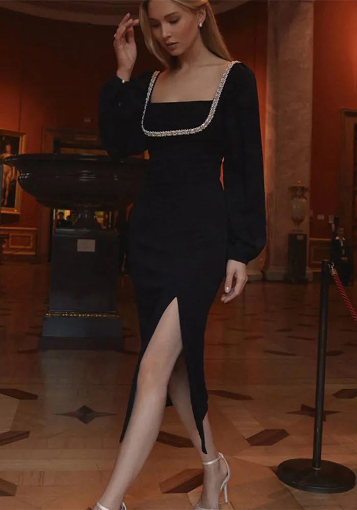 Timeless Sophistication Square Neck Diamond-Trimmed Bodycon Dress
