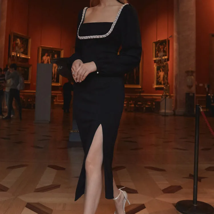 Timeless Sophistication Square Neck Diamond-Trimmed Bodycon Dress