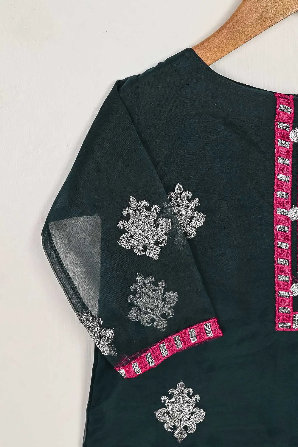 TKF-64-Turquoise - Kids 3Pc Organza Formal Embroidered Dress With Malai Trouser