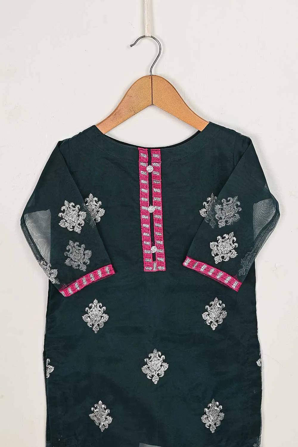 TKF-64-Turquoise - Kids 3Pc Organza Formal Embroidered Dress With Malai Trouser