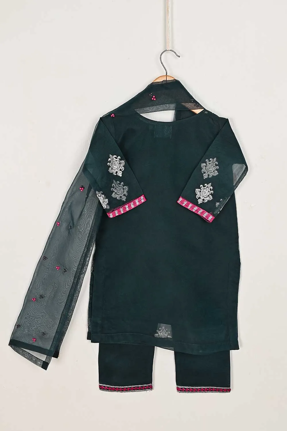 TKF-64-Turquoise - Kids 3Pc Organza Formal Embroidered Dress With Malai Trouser