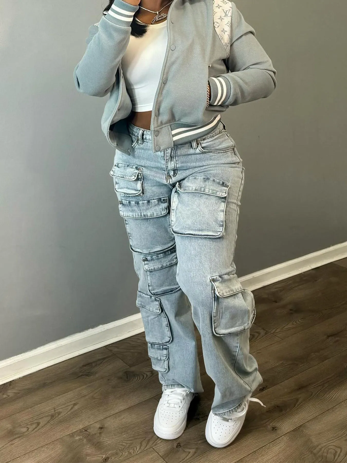 Trendy High-Stretch Multi-Pocket Denim Cargo Pants for Bold, Sexy Streetwear