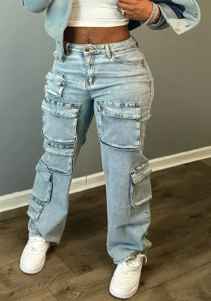 Trendy High-Stretch Multi-Pocket Denim Cargo Pants for Bold, Sexy Streetwear