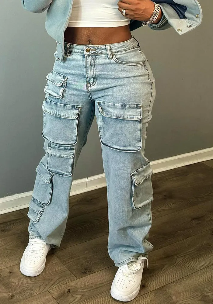 Trendy High-Stretch Multi-Pocket Denim Cargo Pants for Bold, Sexy Streetwear