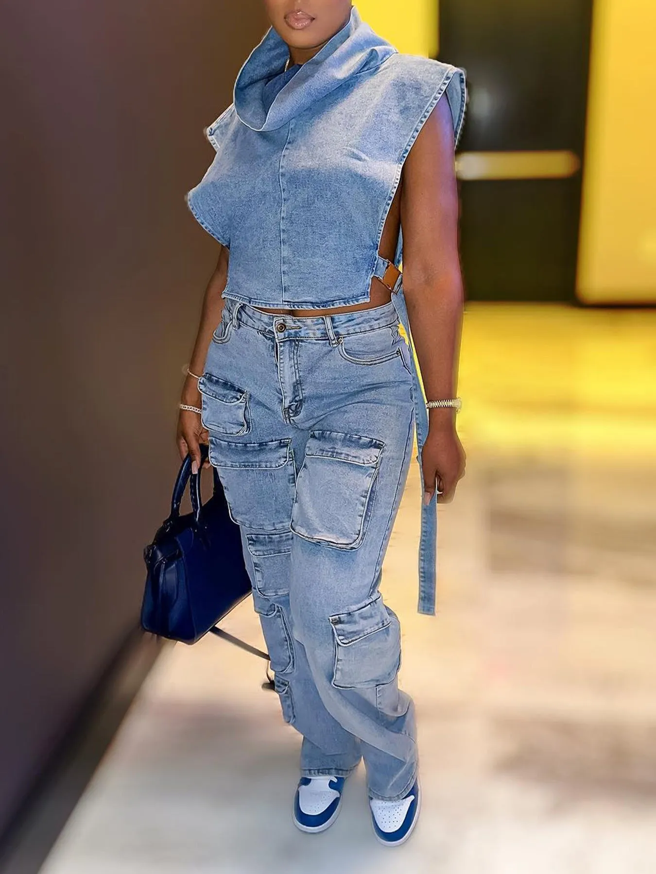 Trendy High-Stretch Multi-Pocket Denim Cargo Pants for Bold, Sexy Streetwear