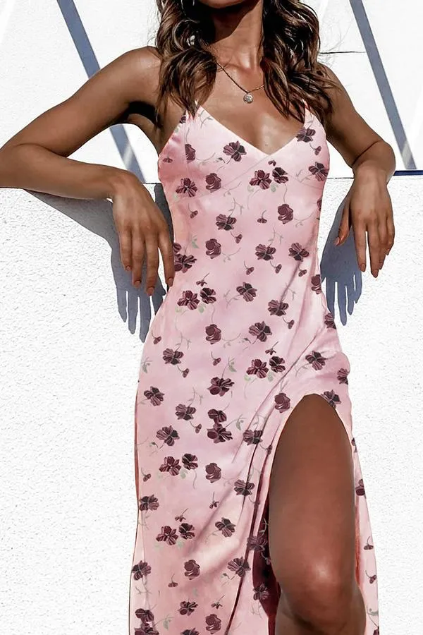 V-Neck Daisy Print Slit Calf-Length Sphagetti Dress