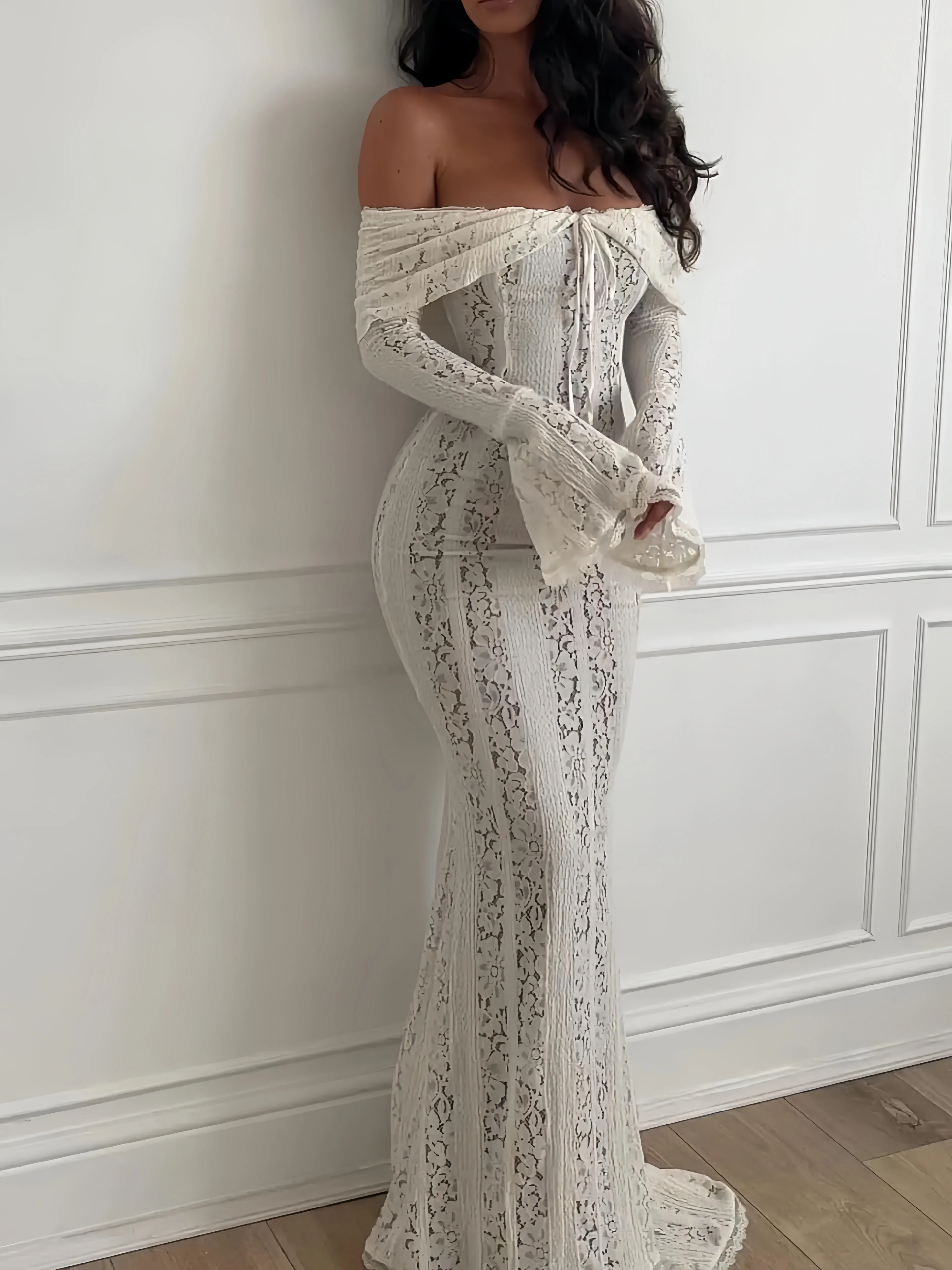 White Strapless Long Sleeve Maxi Dress