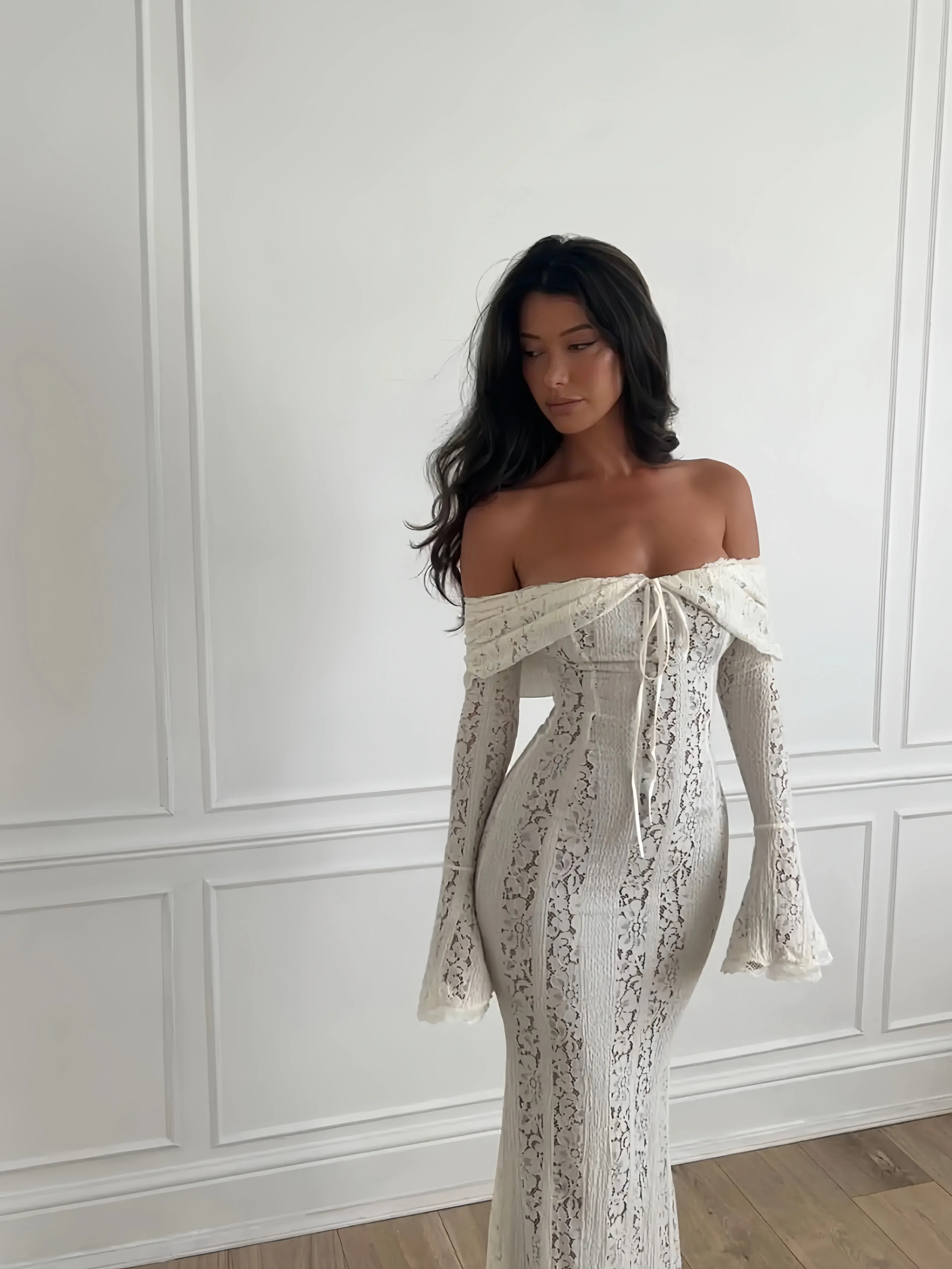 White Strapless Long Sleeve Maxi Dress