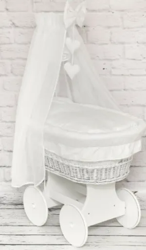White Wicker Wheels Moses Basket  Full Bedding Set White Cotton