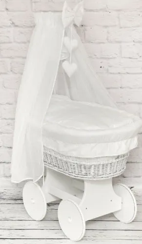White Wicker Wheels Moses Basket  Full Bedding Set White Cotton