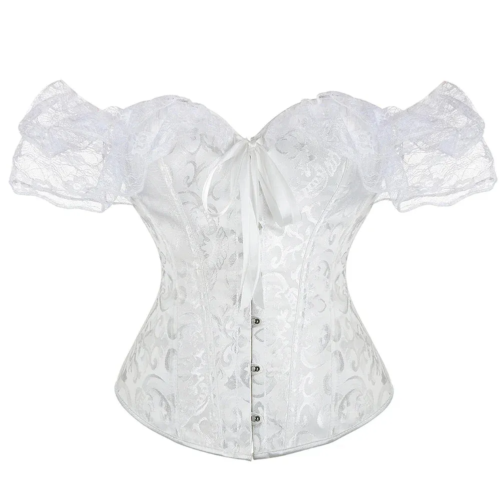 Womens Bustier Overbust Corselet Lace Up Short Sleeve Sheer Corset Bluse Costume Crop Top