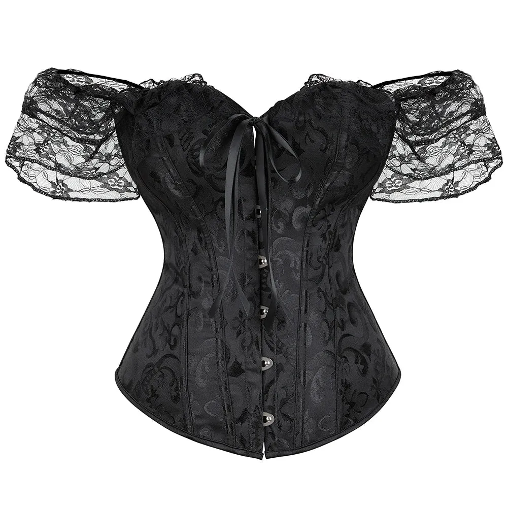 Womens Bustier Overbust Corselet Lace Up Short Sleeve Sheer Corset Bluse Costume Crop Top