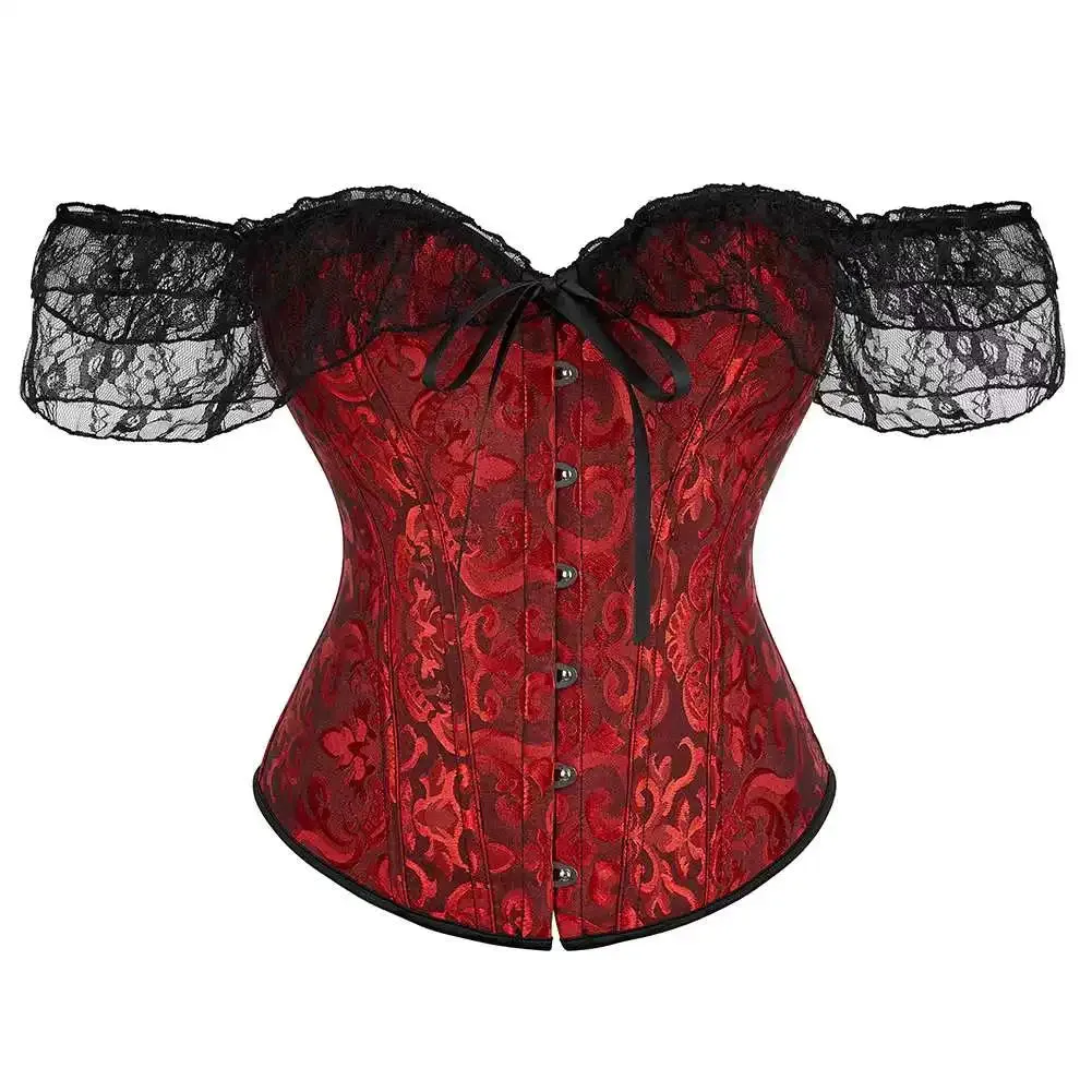 Womens Bustier Overbust Corselet Lace Up Short Sleeve Sheer Corset Bluse Costume Crop Top