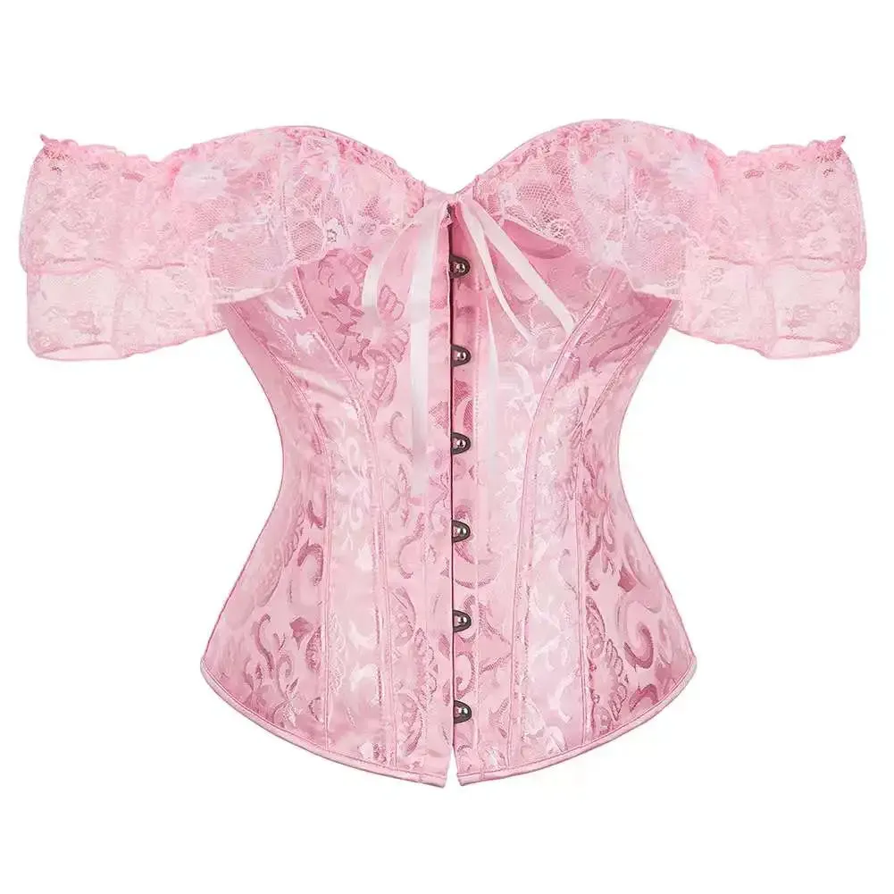 Womens Bustier Overbust Corselet Lace Up Short Sleeve Sheer Corset Bluse Costume Crop Top