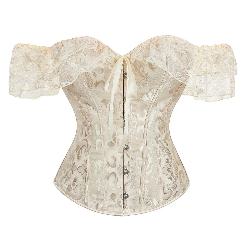 Womens Bustier Overbust Corselet Lace Up Short Sleeve Sheer Corset Bluse Costume Crop Top