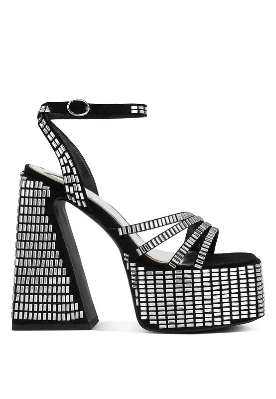 Women's Lustrous Mirror Embellished Flare Heel Sandals