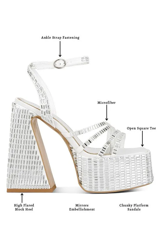 Women's Lustrous Mirror Embellished Flare Heel Sandals