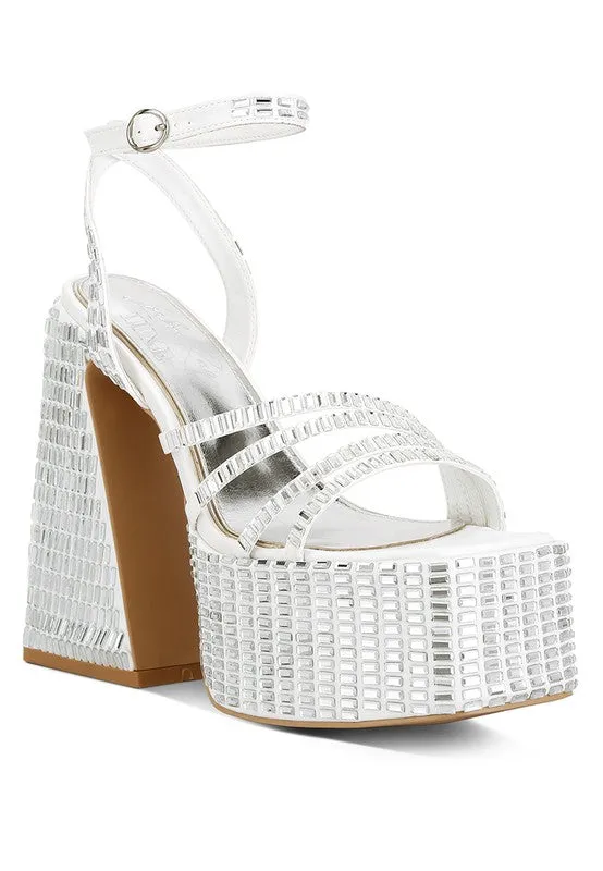 Women's Lustrous Mirror Embellished Flare Heel Sandals