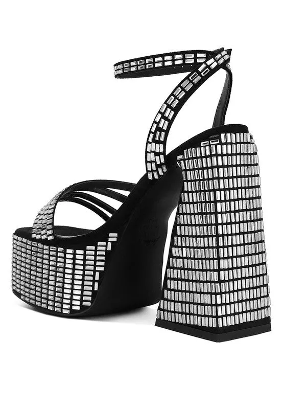 Women's Lustrous Mirror Embellished Flare Heel Sandals