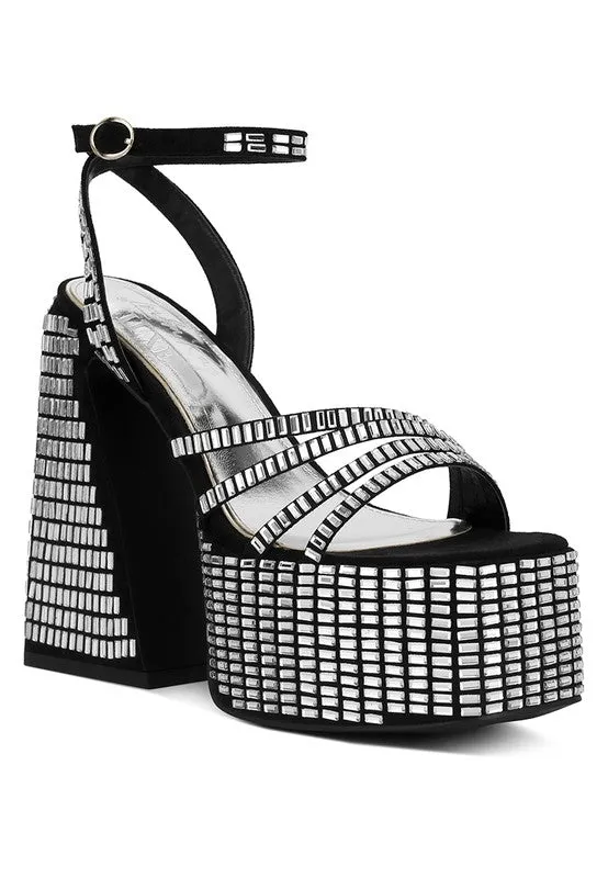 Women's Lustrous Mirror Embellished Flare Heel Sandals