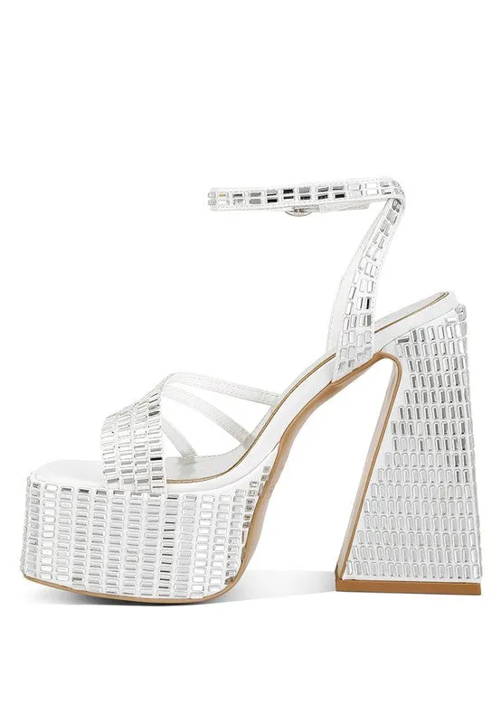Women's Lustrous Mirror Embellished Flare Heel Sandals